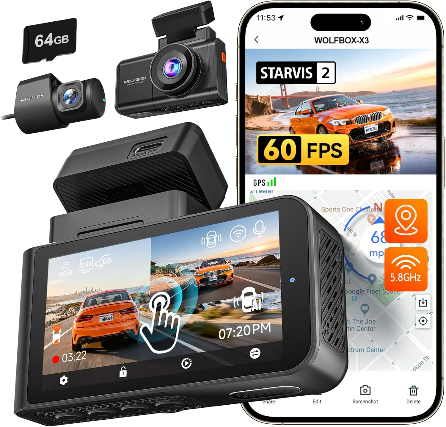 WOLFBOX X3 2.5K 1440P 60FPS Dash Cam, STARVIS 2 IMX675 with ADAS, 1440P+1080P Dual Dash Cam Front and Rear Camera with Built-In 5.8Ghz Wifi & GPS, 64GB Card, Touch Screen, G-Sensor, Loop Recording image number 3