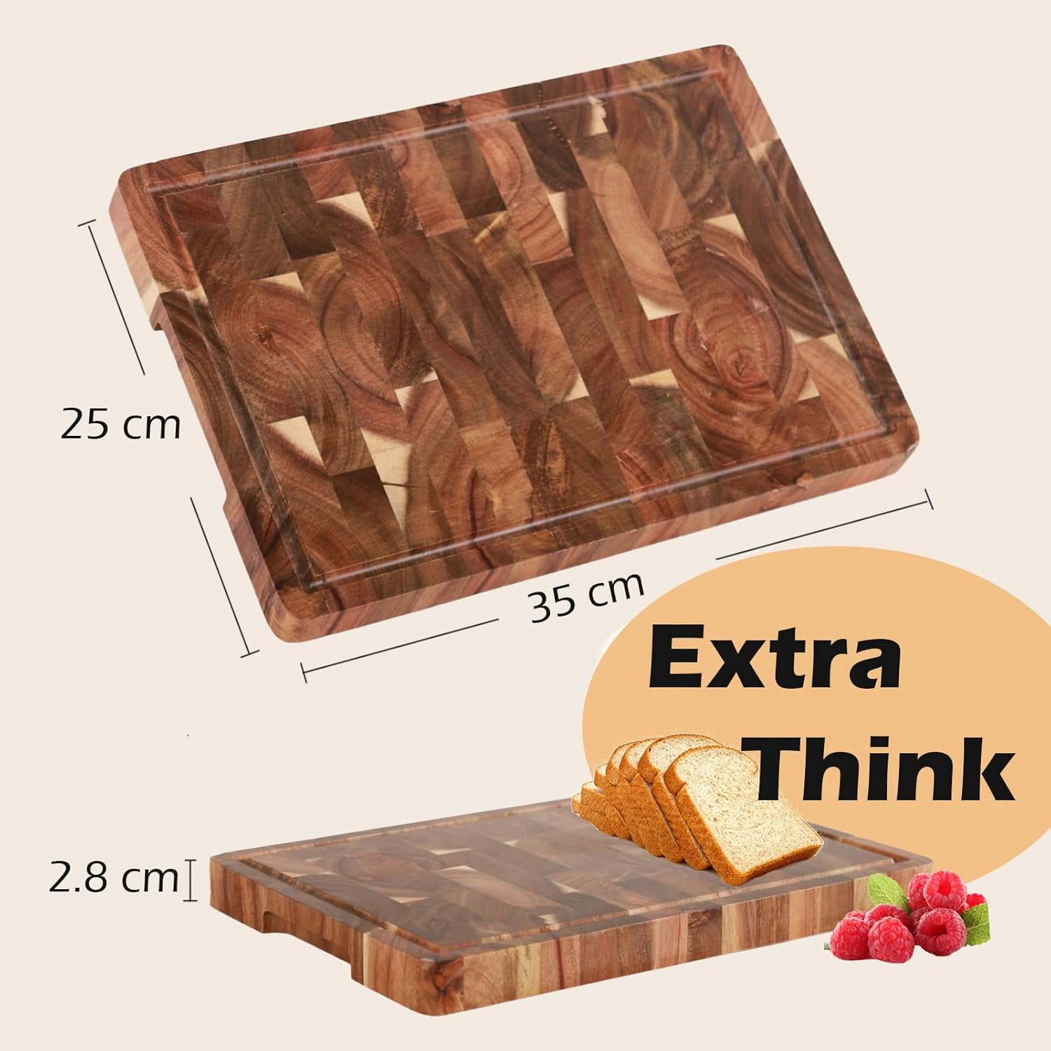 Bierofaro Thick End Grain Acacia Wood Cutting Board, Reversible Wooden Chopping Board with Non-Slip Feet, Built-In Handles and Juice Groove,35 * 25 * 2.8Cm image number 5