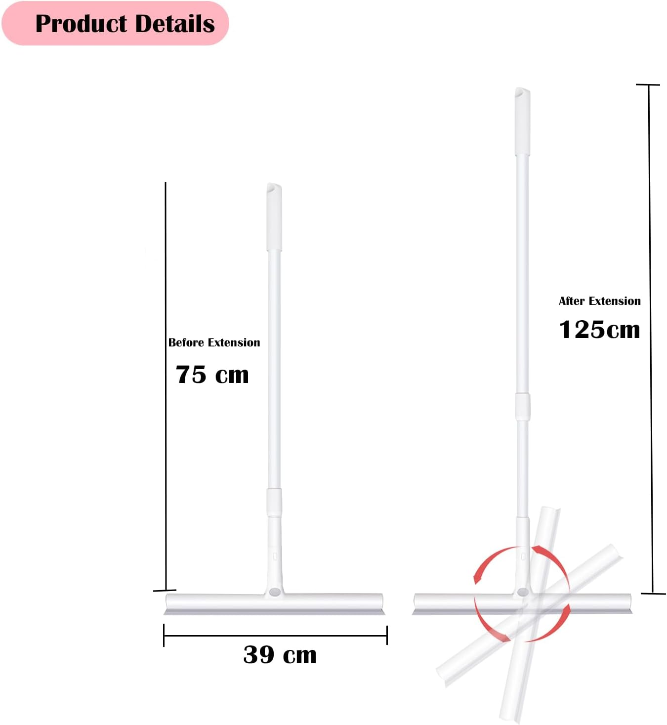 39Cm Floor Squeegee Scrubber with Adjustable Handle (75-125Cm), 180&deg; Pivoting Head & Soft Rubber Blade for Glass, Floor, Shower Walls, and Bathroom Surfaces image number 3