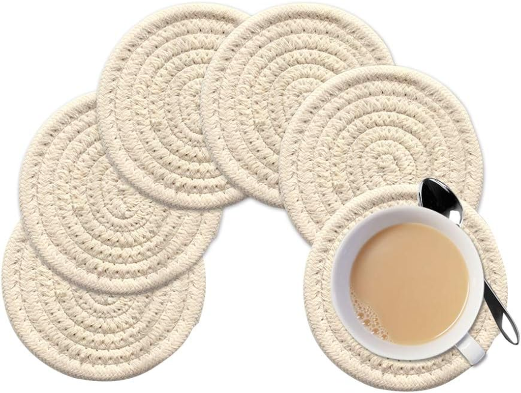 Gracelife 6Pcs Cup Mat Pure Cotton Thread Weave round Drink Hot Pads Mats Set Absorbent Scald-Proof Drink Coasters (Beige)