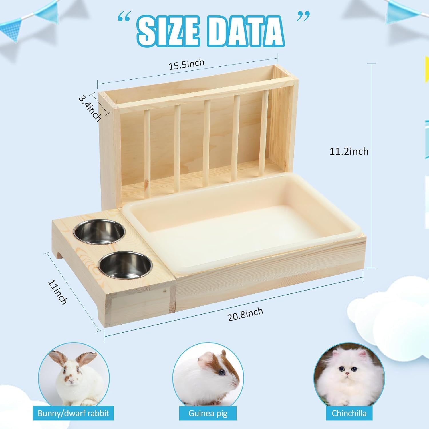 Wooden Rabbit Hay Feeder with 3-In-1 Litter Box and Bowls, Small Animal Rack for Guinea Pigs, Chinchillas, Hamsters, and Dwarf Rabbits - Wood Color image number 6