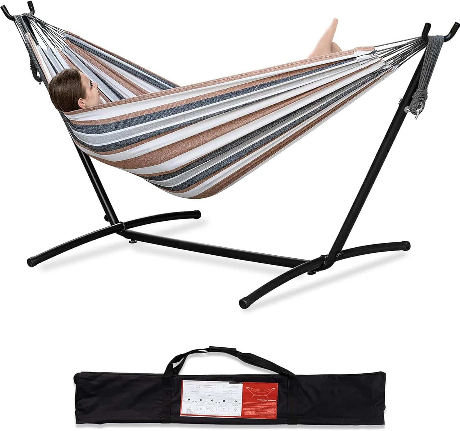 Double Hammock with Space Saving Steel Stand, 2 Person Outdoor Standing Hammocks with Portable Carrying Bag, 250Kg Capacity Coffee 260 * 107 * 109Cm image number 1