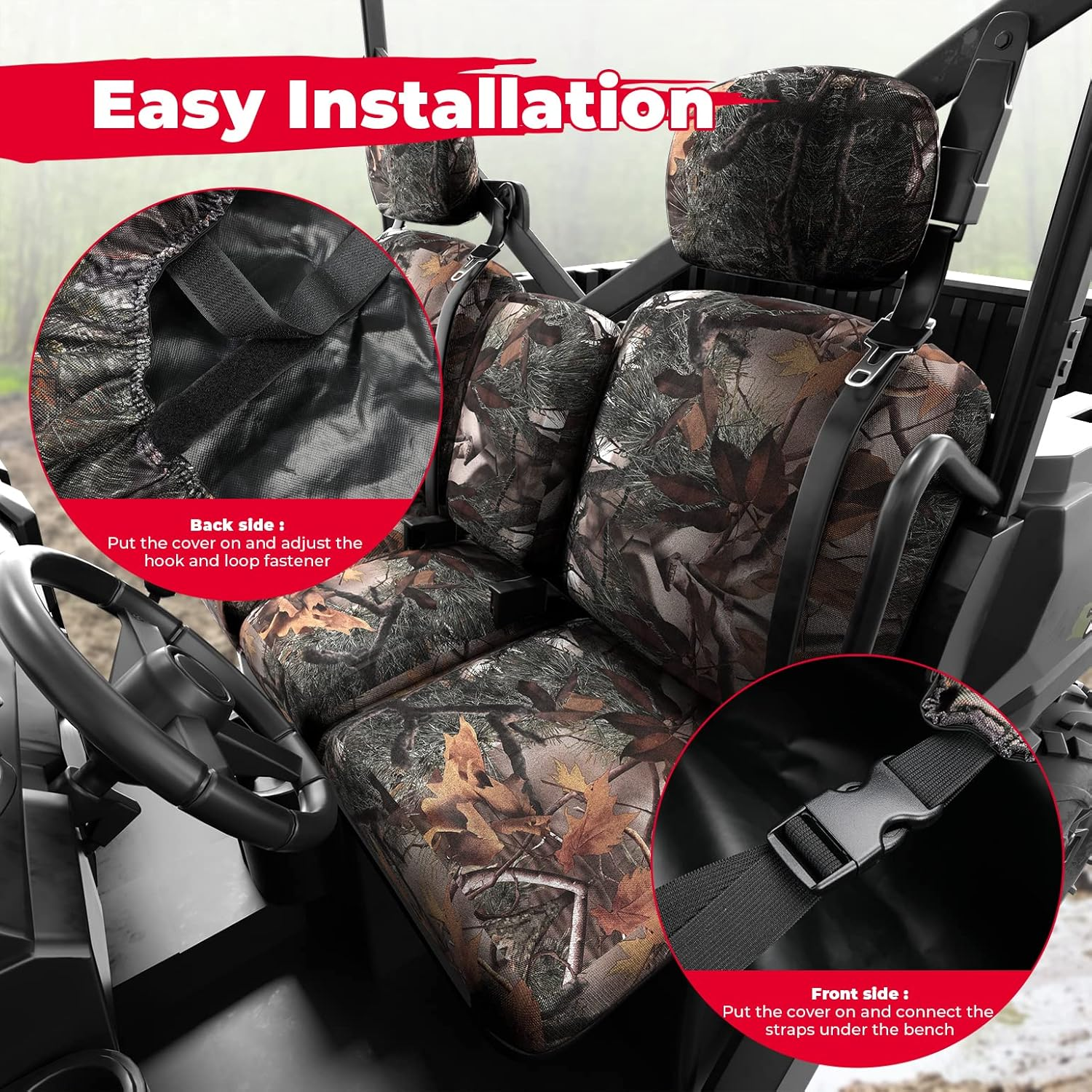 KEMIMOTO UTV Seat Covers Camo, Waterproof Repellent UTV Seat Cover Set W/Headrest Cover Compatible with Can Am Defender Front Two Doors Split Bench- Camo image number 4