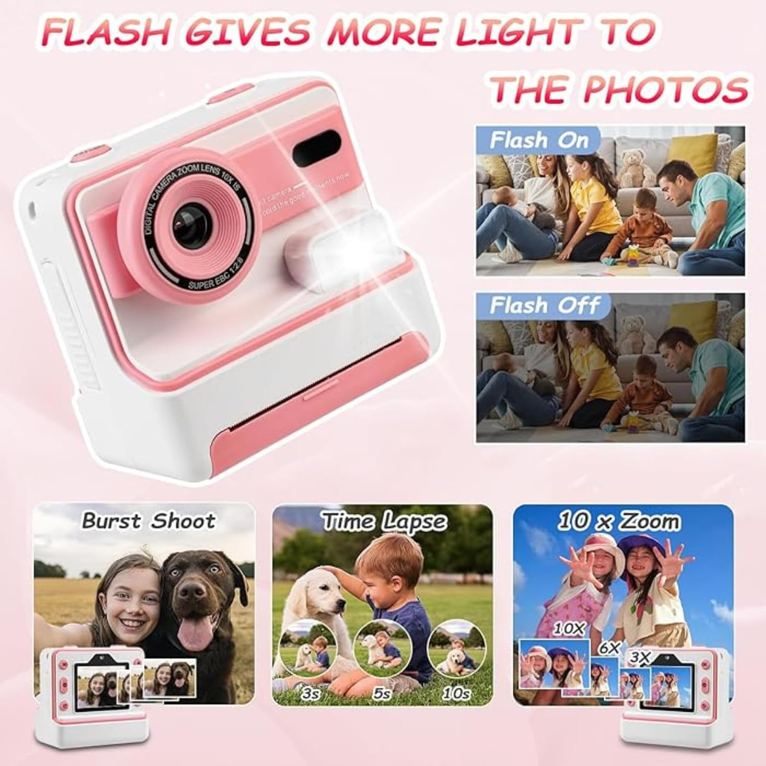 Instant Print Camera for Kids | 1080P HD 48MP Kids Print Camera with 2.4-Inch IPS Screen | Instant Camara for Kids Boys Girls Age 3-12, Included 3 Roll Thermal Print Paper, 32GB SD Card - Pink image number 3