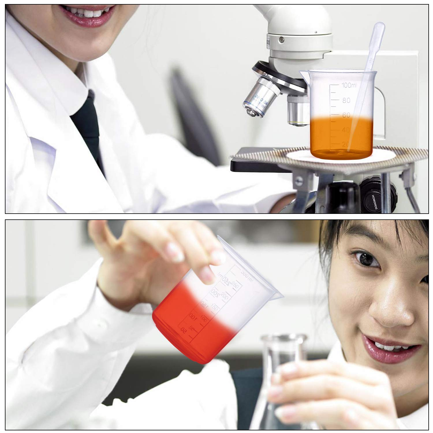 Plastic Beaker Set, 5 Sizes Low Form Measuring Graduated Griffin Polypropylene Beakers in 500 Ml, 250 Ml, 100 Ml, 50 Ml, 25 Ml for Laboratory, & Science Experiments with 5 Plastic Droppers in 3 Ml image number 4