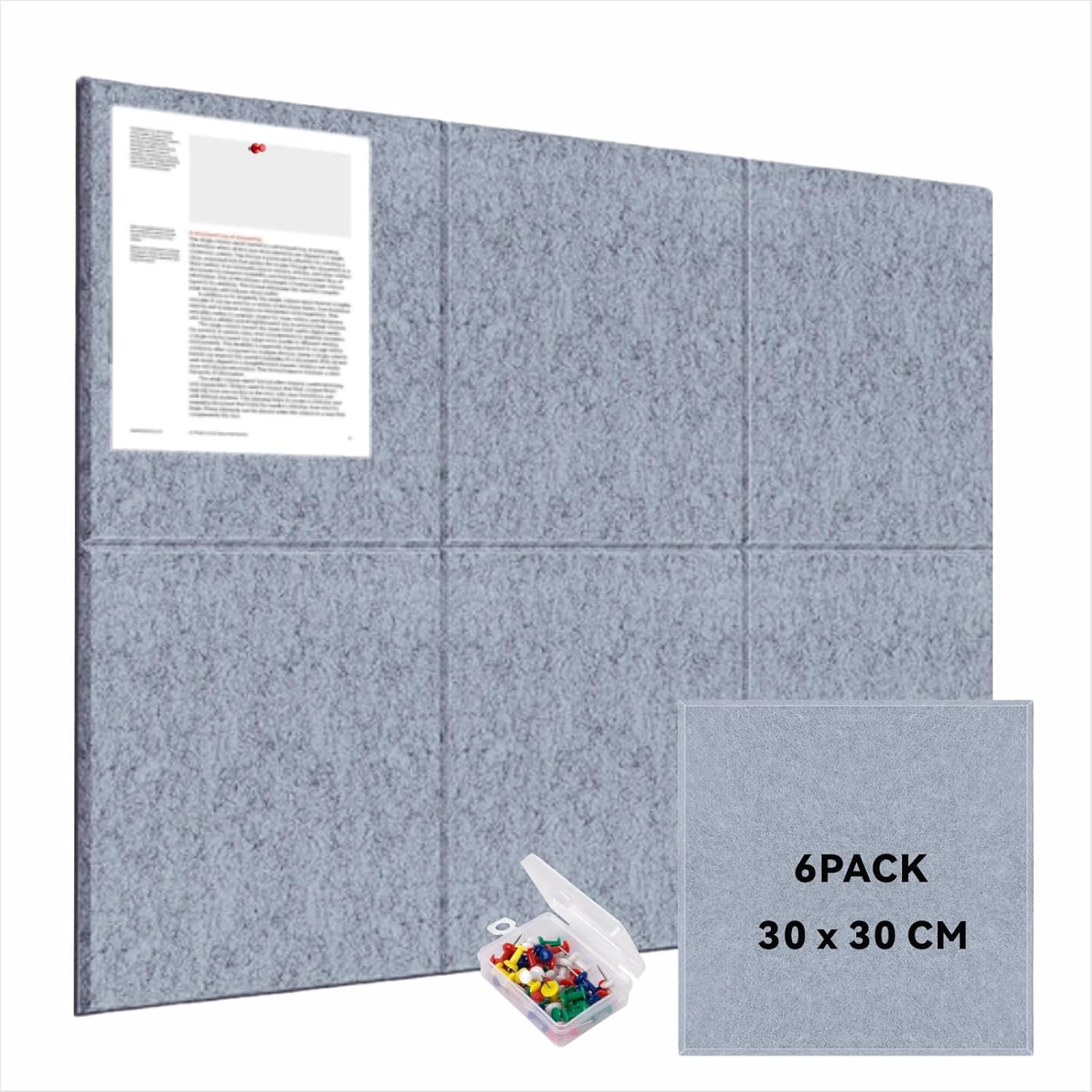 Large Felt Bulletin Board, 6 Pack 30 X 30 Cm Grey Pin Notice Board with 30 Pushpins and 36 Safe Removable Adhesive Tabs, Cork Boards Alternative, Felt Wall Tiles for Wall, Home, Office（Grey）