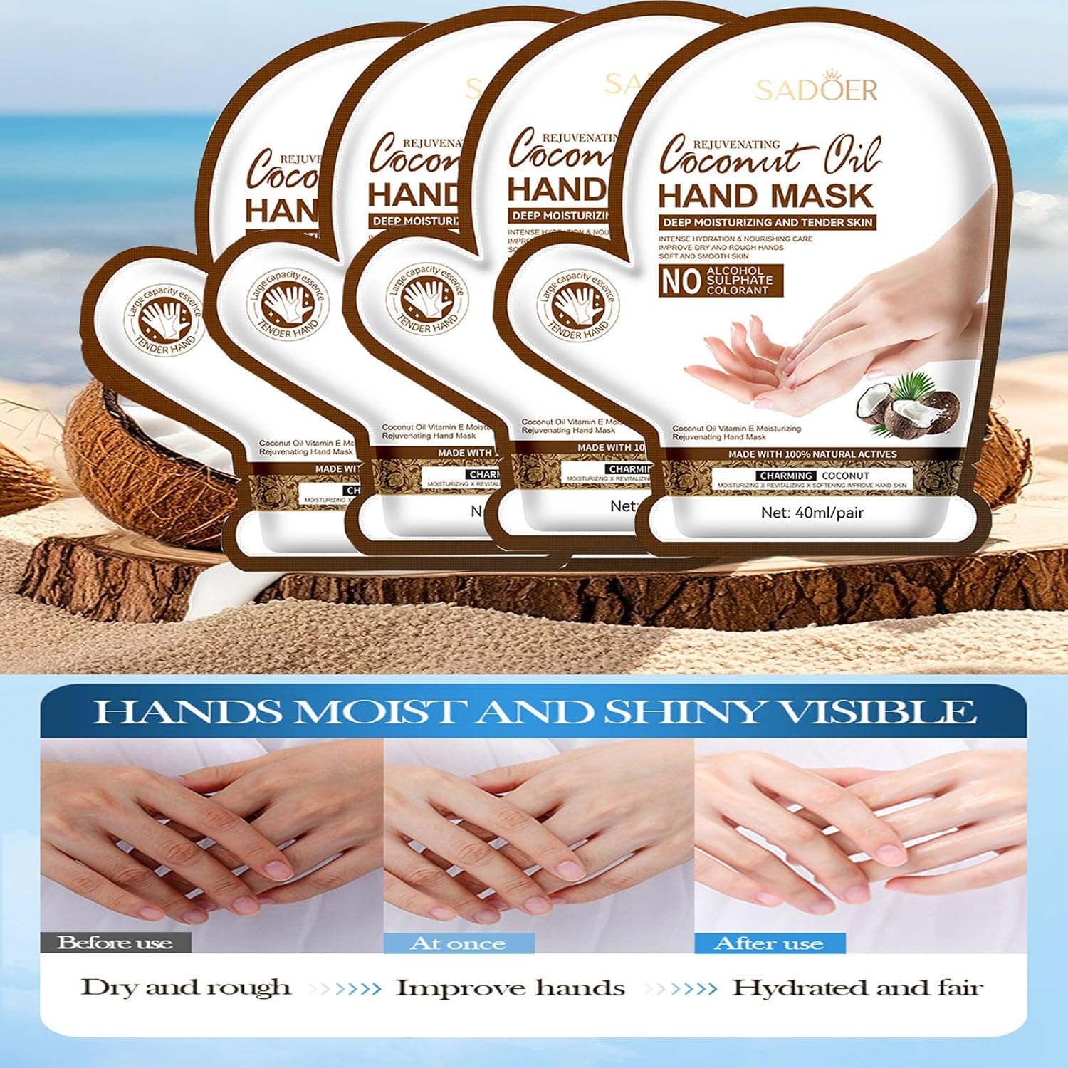 4 Pack Coconut Oil Hand Mask, Deep Moisturizing and Rejuvenating Treatment, 40Ml/Pair, with Vitamin E and Natural Actives for Dry Rough Hand,And Makes the Skin Soft and Smooth image number 4