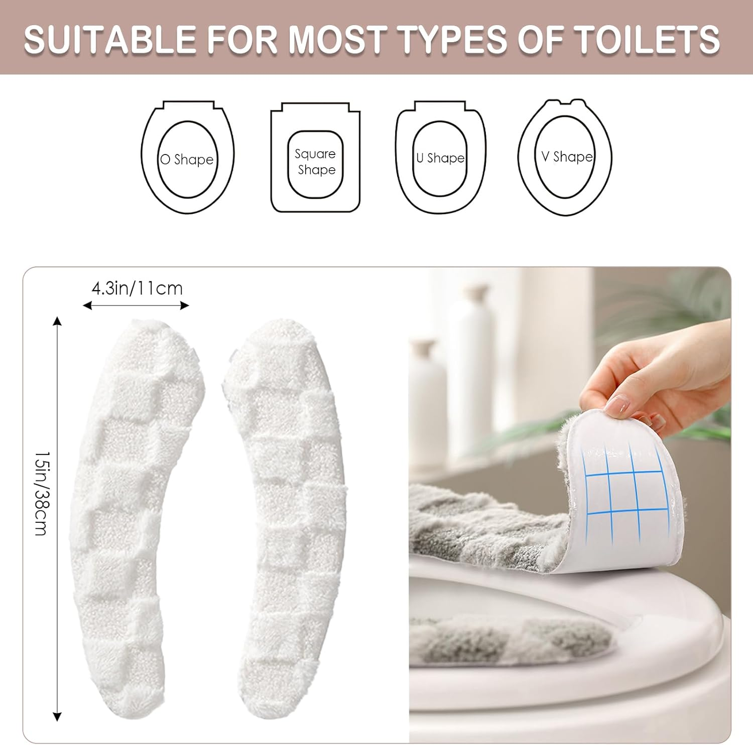 Thick and Warm Plush Toilet Seat Cover &ndash; Washable, Reusable Cushion with TPR Adhesive & Checkered Pattern for Comfort & Insulation (White)
