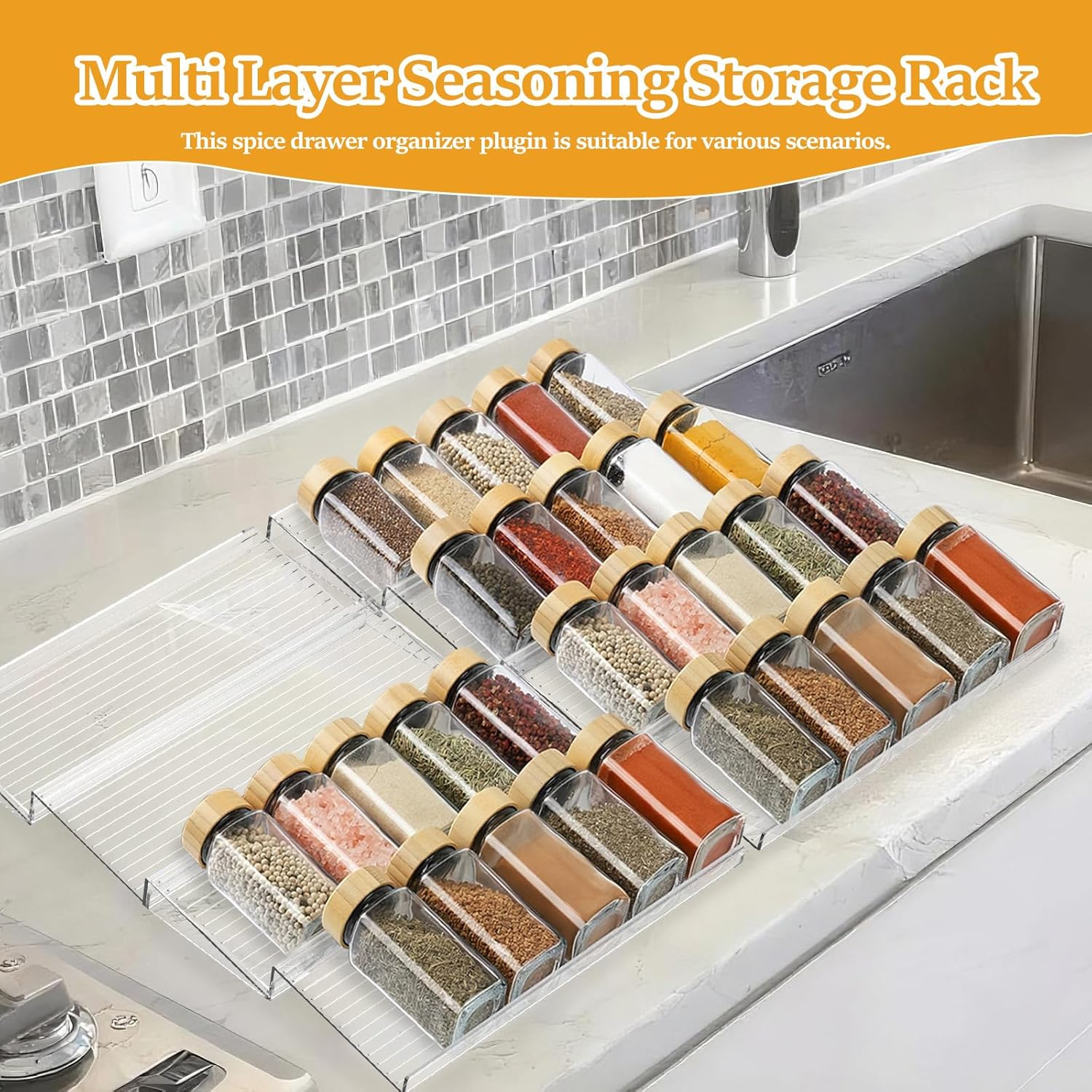 NIPUAEGO 4Pcs/8Pcs Spice Drawer Organizer, Expandable Spice Seasoning Holder Storage Organisation for Drawer Countertop Kitchen Cabinet (Style2) image number 4