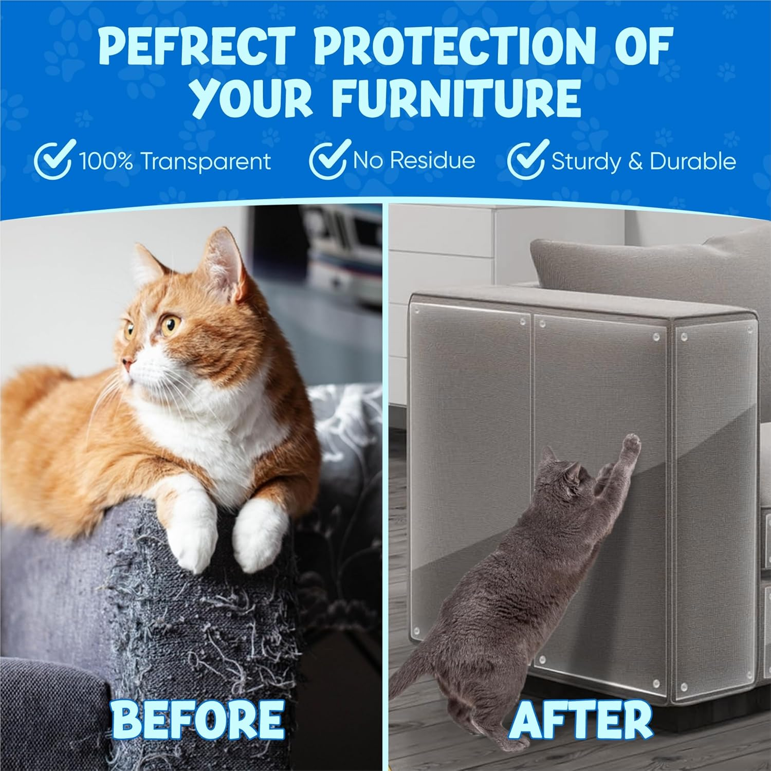 Cat Scratch Furniture Protector - 10 Pack, 44 Cm X 33 Cm, Transparent, Includes 60 Pins, Couch Corner Sofa Protector for Cats, anti Scratch Cat Furniture Guard image number 6