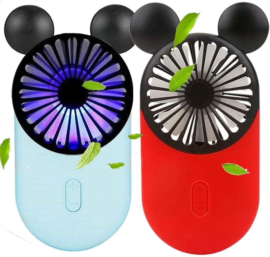 Cute Personal Mini Fan(2 PACK), Mini Handheld USB Rechargeable Portable Fan with Stylish LED Light,3 Speed Adjustable,Cute Mouse,For Kids Girls Woman Home Office Outdoor Travel - Pink+Red image number 7