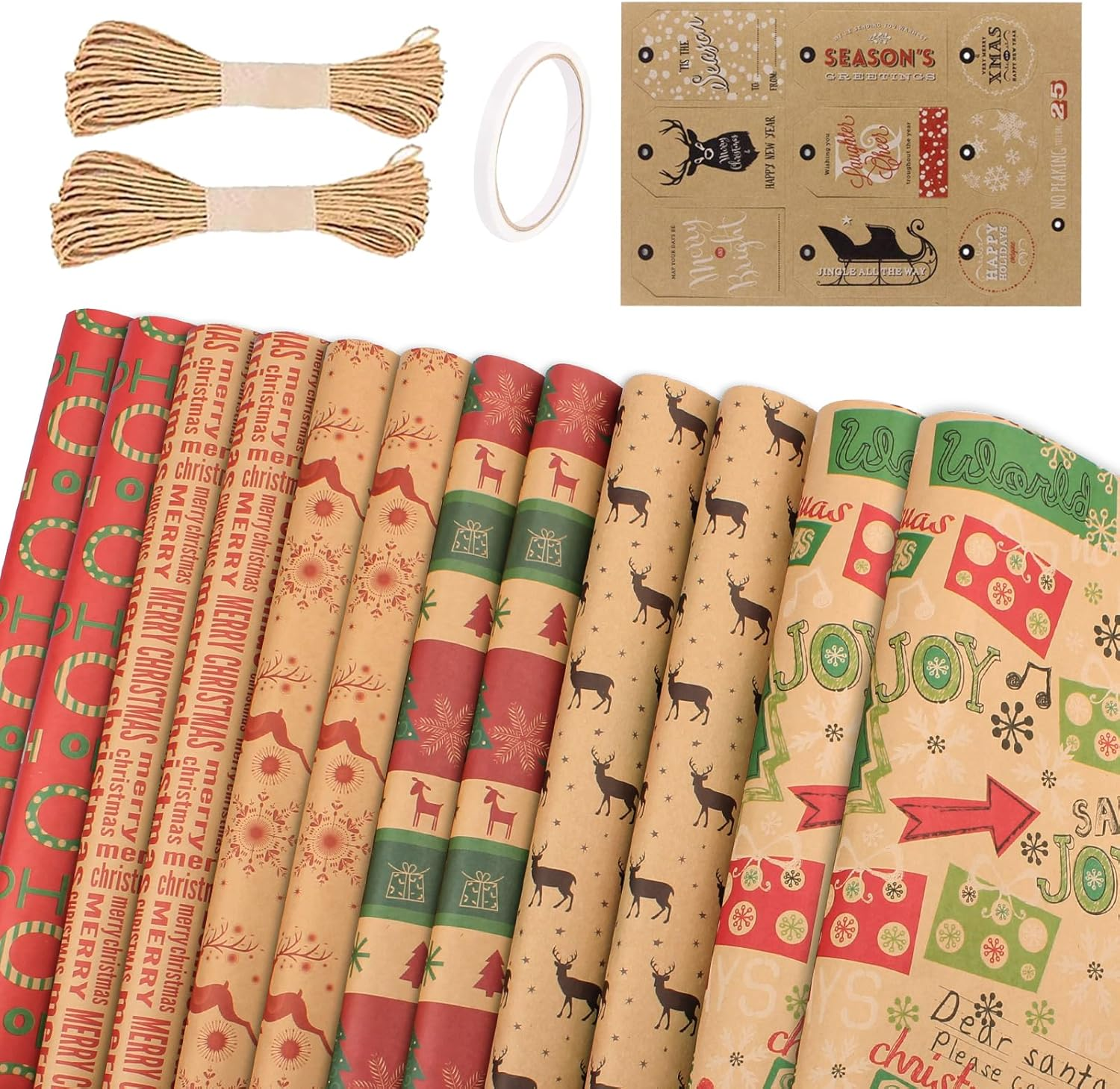 12 Pack Wrapping Paper Bulk,Cozy CORE Kraft Paper Eco-Friendly Recycled Kraft Sheets (70X50Cm) 6 Unique Designs + Bonus 10M Jute String & 10 Gift Tags image number 6