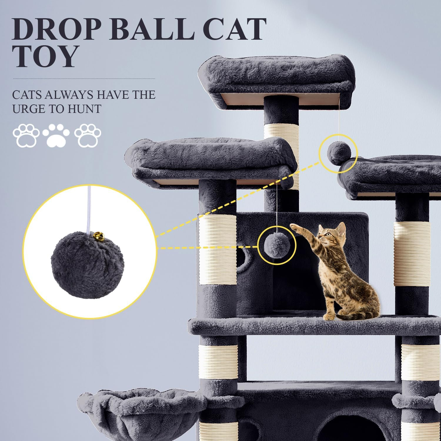 Allewie 68 Inches Cat Tree/House and Towers for Big Feline/Scratching Post/Multi-Level Large Kitty Climbing Tree with Condo/Smokey Grey - Beige image number 2