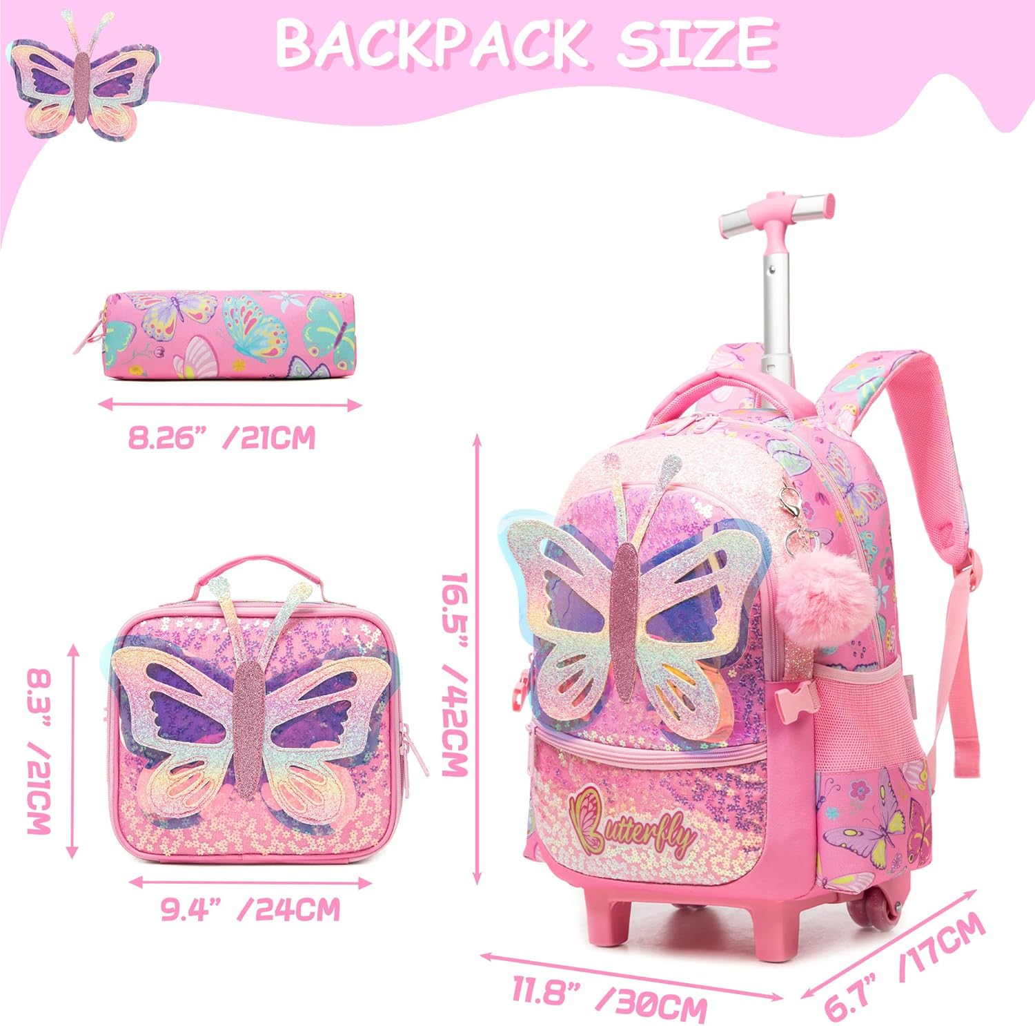 ZBAOGTW Rolling Backpack for Girls Unicorn Rolling Backpack with Lunch Box and Pencil Bag Adjustable Length Wheeled Backpack image number 3