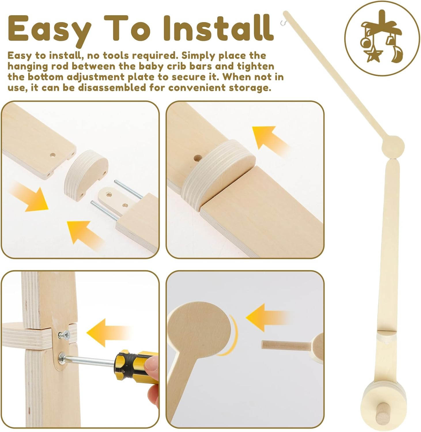 2-Height Adjustable Crib Mobile Arm, Natural Wood Hanger for Baby Bed Musical Toys, Fits Most Standard Baby Cribs & Cots image number 2