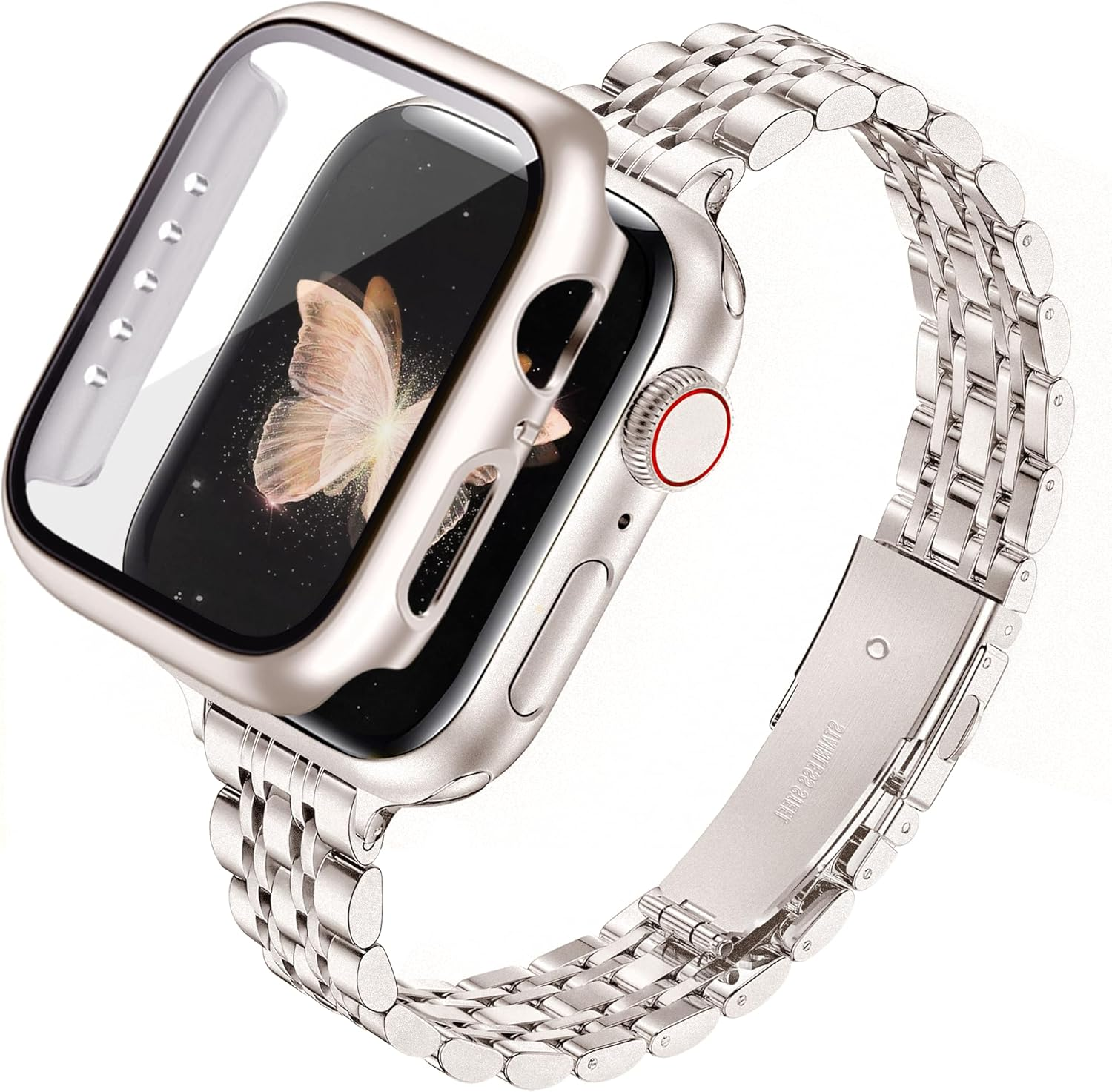 Ocaer Compatible with Apple Watch Bands with Case 40Mm 41Mm 42Mm 44Mm 45Mm 46Mm, Slim Metal Band with Screen Protector for Iwatch Series 11 10 9 8 7 6 5 4 SE 3,Stainless Steel Strap Women