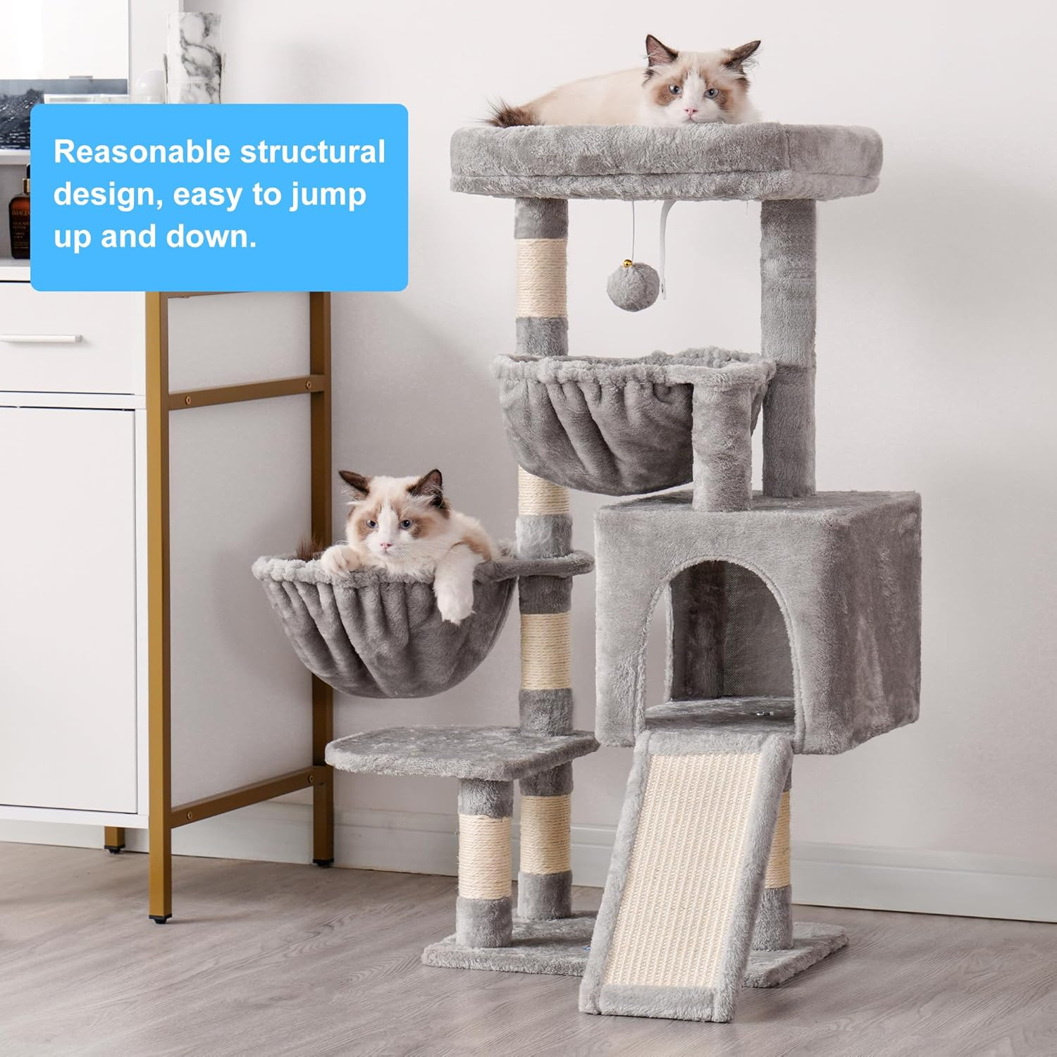 Hey-Brother Cat Tree, Cat Tower for Indoor Cats, Cat House with Large Padded Bed, Cozy Condo, Hammocks, Sisal Scratching Posts, Big Scratcher, Light Gray MPJ006SW image number 6