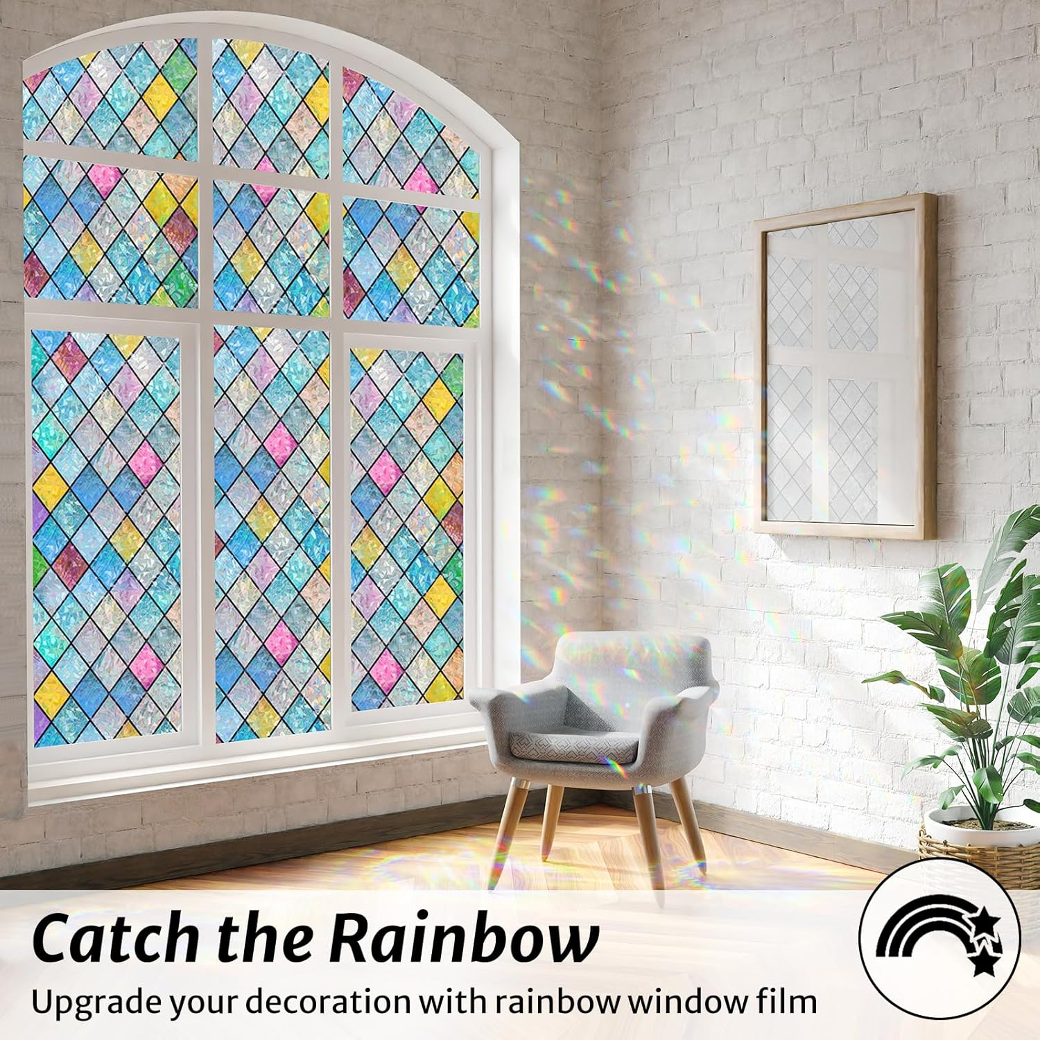 Rabbitgoo Stained Glass Window Film Rainbow Film Decorative 3D Privacy Sticker Colorful Lattice Window Decals Cling, Sun Catcher Static Decals for Home 90X200Cm image number 1