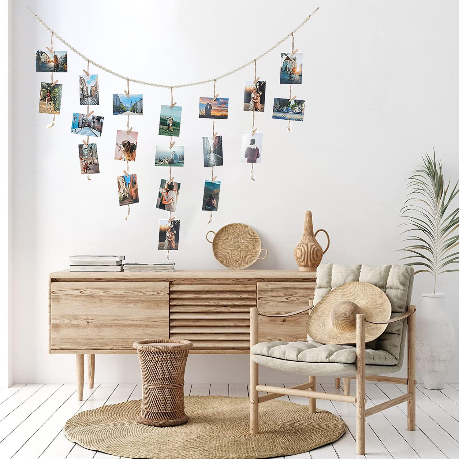 Boho Style Hanging Photo Display with 30 Clips for Bedroom, Living Room, Dorm Wall Decor DIY Picture Collage Board Wall Mounted Photo Display Rope (1) image number 5