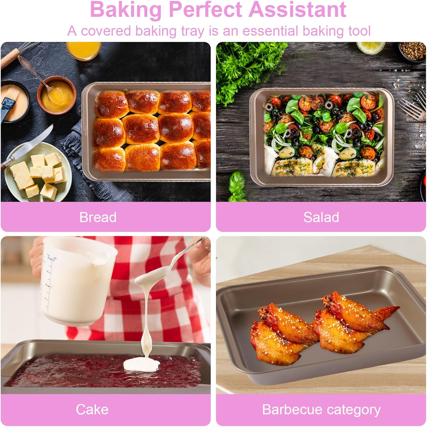 Baking Pan with Lid Rectangular Cake Pan Nonstick Bakeware Baking Pan Carbon Steel Cake Carrier Pan for Roasting Baking Storing Oven and Freezer Safe 10X14 Inch