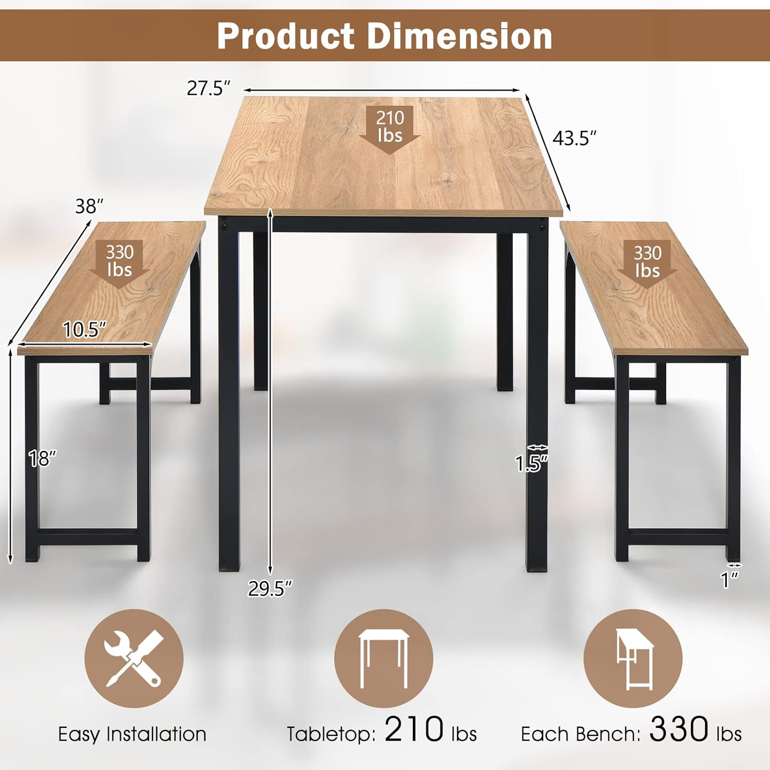Giantex Dining Table with Bench, Modern Studio Collection Table with 2 Benches, Kitchen 3Pcs Bench Dining Table Set with Metal Frame for Living Room, Kitchen, Small Space image number 6