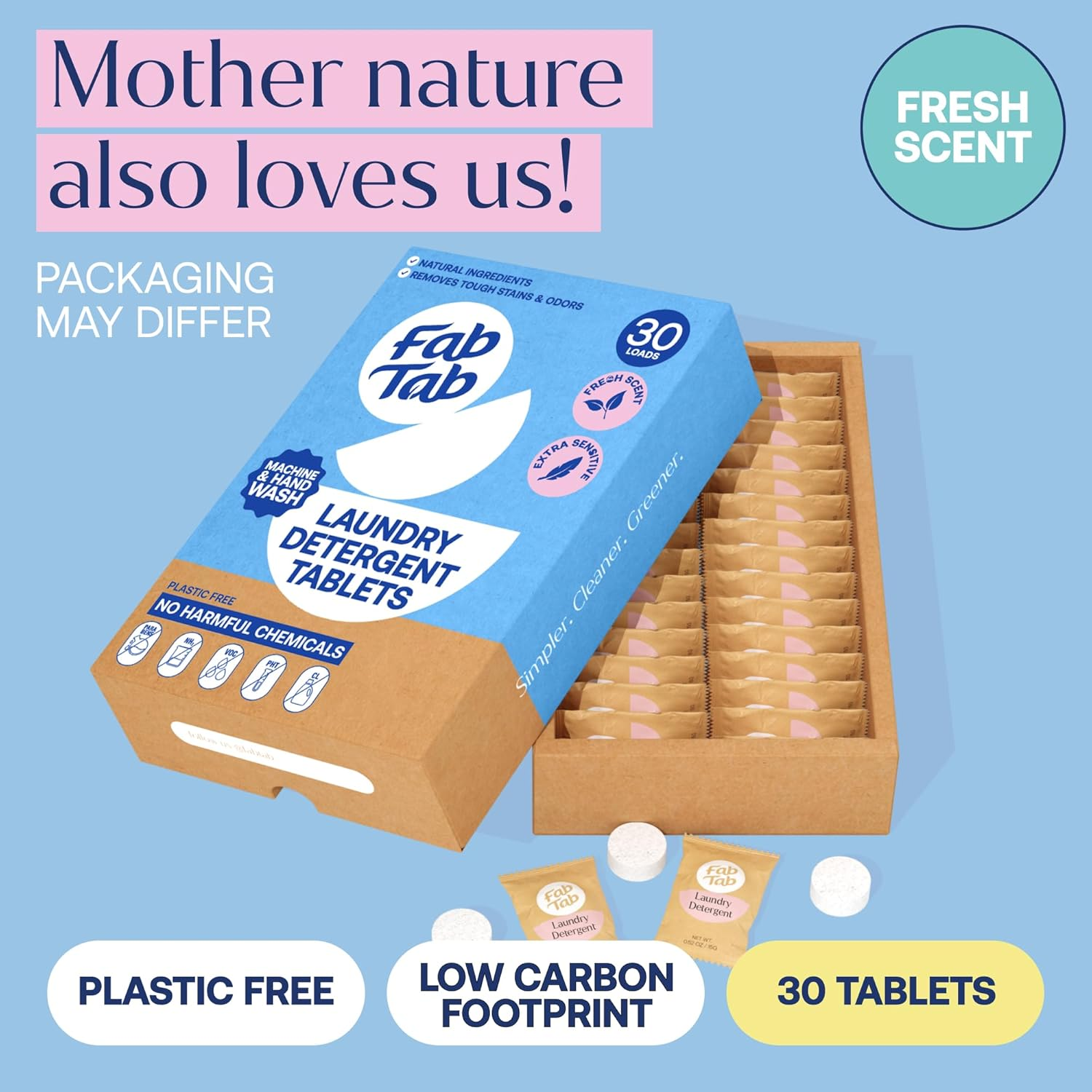 Fab Tab Natural Laundry Tabs Safe for Kids, Pets, and All Washing Machines 30 Tabs