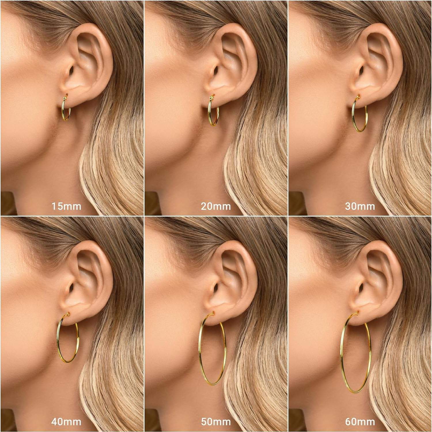 LIAN Gold Hoop Earrings for Women 18K Gold Plated Hoops with Stainless Steel Thin Hoop Earrings 15-60MM Lightweight Large Small Huggie Earrings image number 7