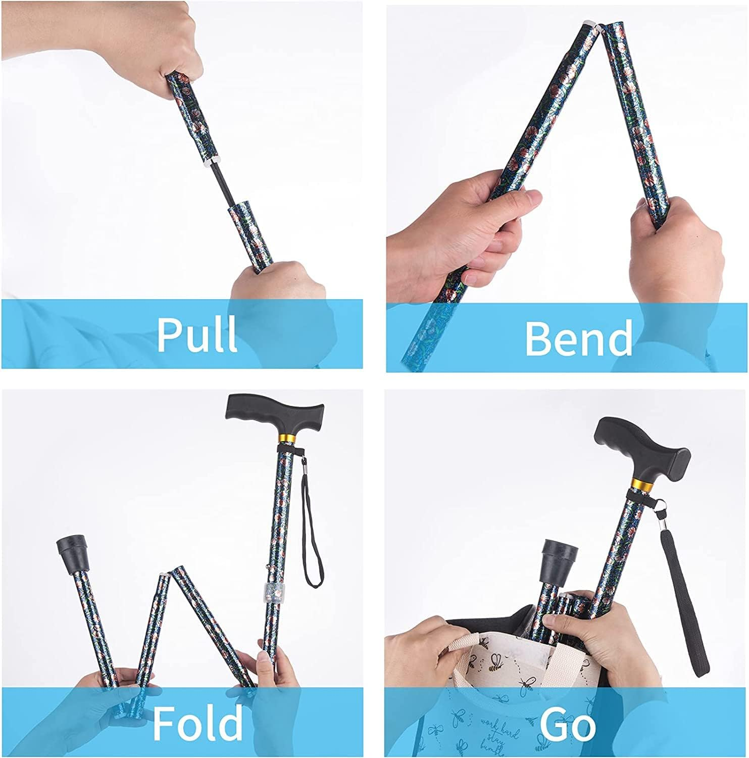 Foldable Walking Stick, Lightweight & Portable Cane with 5 Levels of Height Adjustment, Walking Stick with Comfortable Smooth Wooden Handle Grip and Sturdy Aluminum Tube Cane image number 3