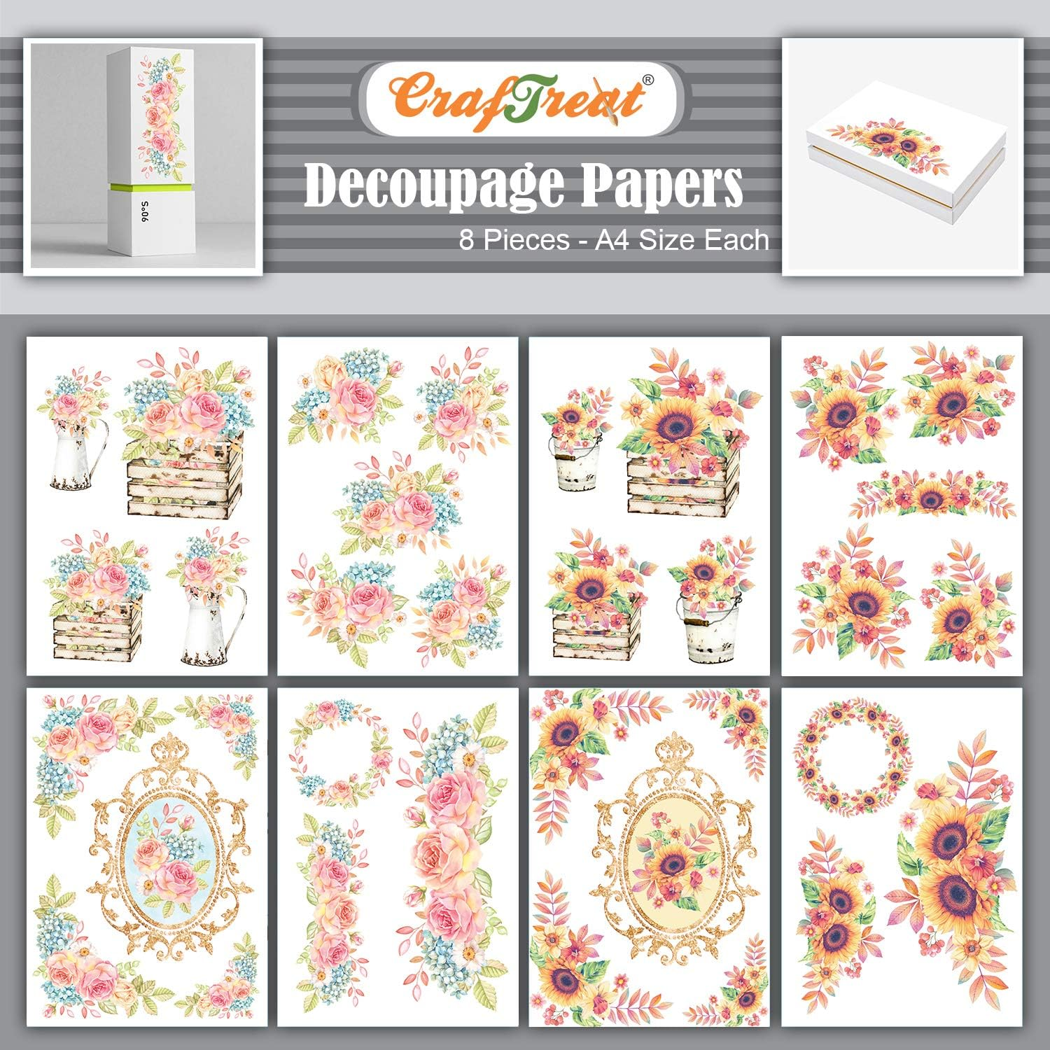 Craftreat Flower Decoupage A4 Paper for Craft Home Decor, Wall Art and Birthday Card Making - Floral Vintage Sunflower Pattern - 8Pcs Decoupage Sheet for Garden Decor and Aesthetic Room Decor Supplies