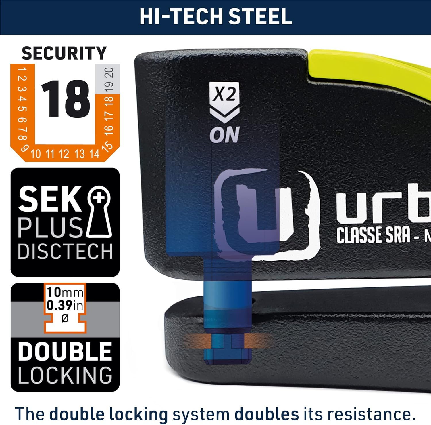 Urban UR10 Hi-Tech Disc Lock with or without Alarm X2 ON, Approved SRA, Warning LED, A+ Sensitivity, &Oslash;10 Double Lock Anti-Saw Security, Heavy Duty anti Theft Wheel Brake Lock for Motorcycle, Scooter