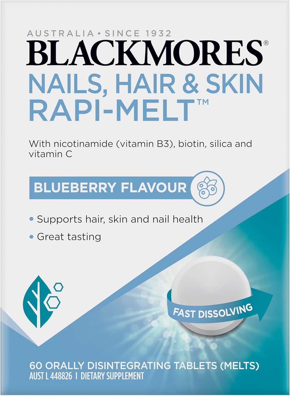 Blackmores Nails, Hair & Skin Rapi-Melt | Supports Hair, Skin & Nail Health | Formulated with Nicotinamide (B3), Biotin, Silica and Vitamin C | Blueberry Flavour | 60 Melts image number 1