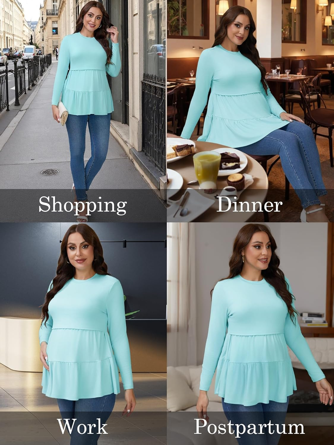 Cheibear Womens Nursing Top Ruffle Pleated Long Sleeve Tunic Rayon Postpartum Breastfeeding Shirt Pregnancy Clothes Blue Small image number 3
