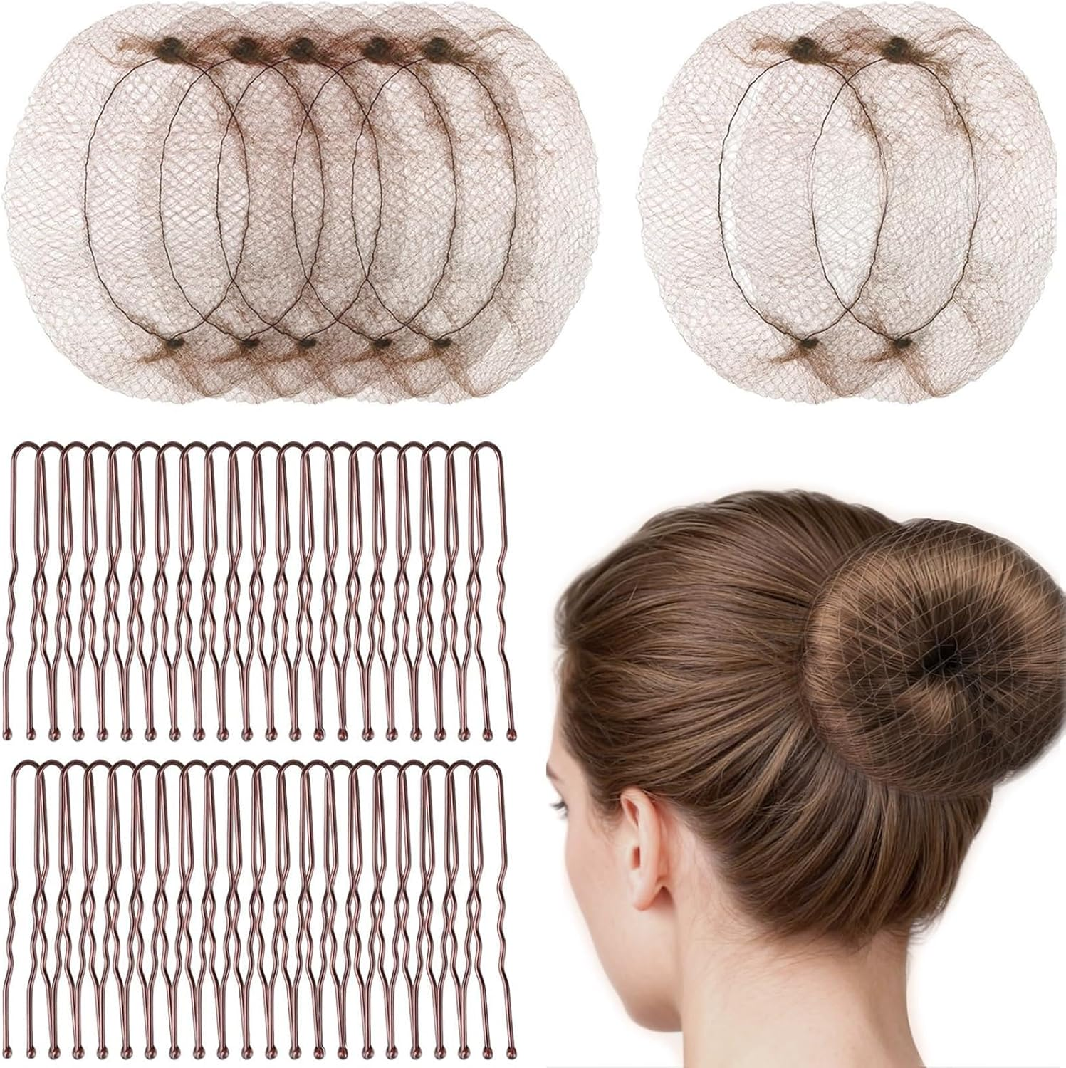 50PCS Hair Net Bun Net Hair Bun Shapers & 50PCS U Shaped Bobby Pins for Ballet Dancers Invisible Elastic Mesh Nets 50Cm Hair Accessories for Styling Ballet Bun Maker for Women Girls Kids | Light Brown image number 5