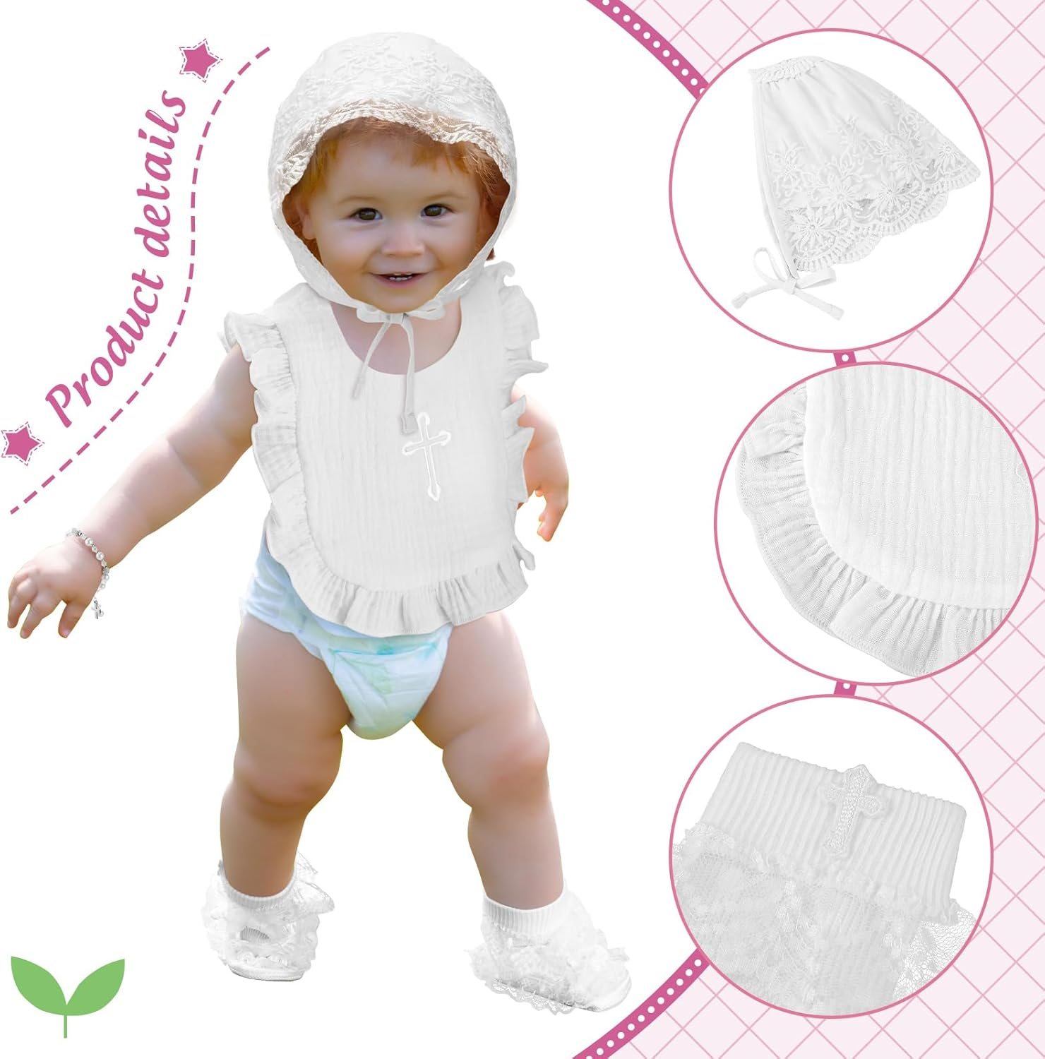 5 Pcs Christening Bib for Baby Girl White Baptism Bib Christening Socks Shoes Baby Bonnet Lace Hat Cross Charm Bracelet Baptism Outfits for Toddler Infant First Communion Gift, White