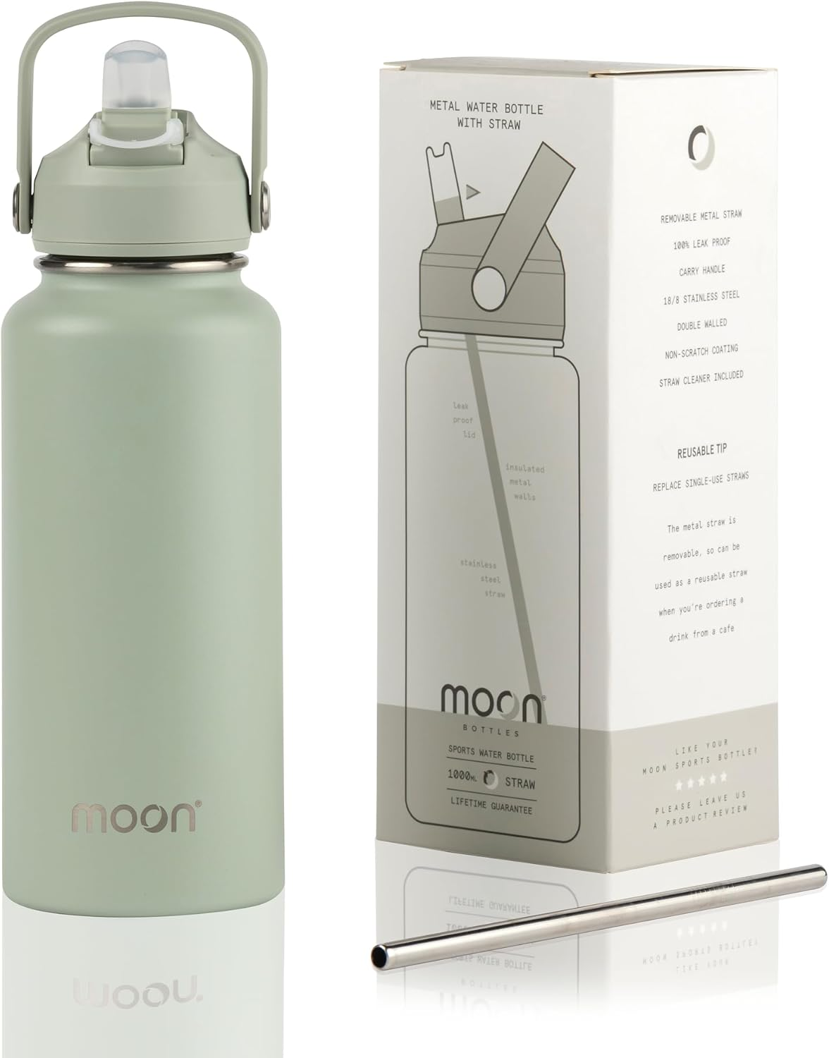 Moon Bottles - Insulated Water Bottle with Straw - Stainless Steel Sports Drink Bottle, Thermal Flask, 24Hr Cold, 12Hr Hot, Double Walled, Metal Straw, Silicon Spout, Australian Company (500Ml, Black)