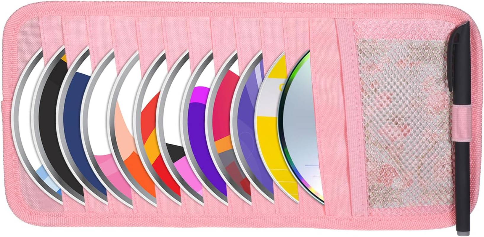 Trinkrittey CD Holder for Car Visor, Vehicle Sun Visor Organizer Large Capacity with 12 DVD Storage Sleeves 1 Mesh Pocket 1 Pen Holder and Elastic Strap