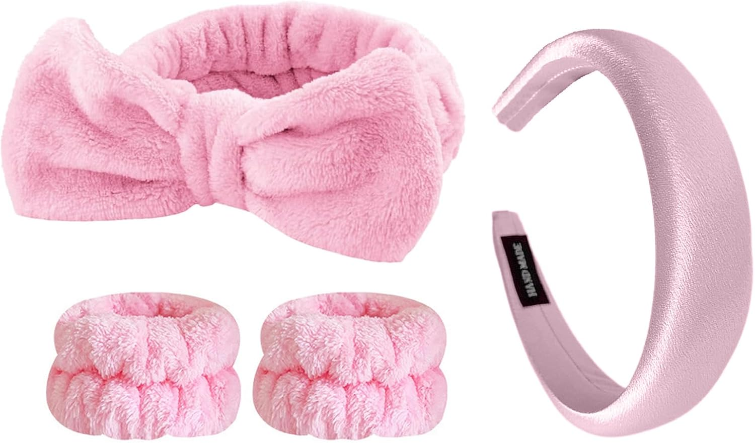 ZWWOGE Set of 4 Hairbands, Cosmetics, Pink Headband for Washing the Face, Skin Care, Headbands, Make-Up Hair Band, Headband, Wrist Wash Band Set for Women, Girls, Sports, Shower, Makeup Removal image number 1
