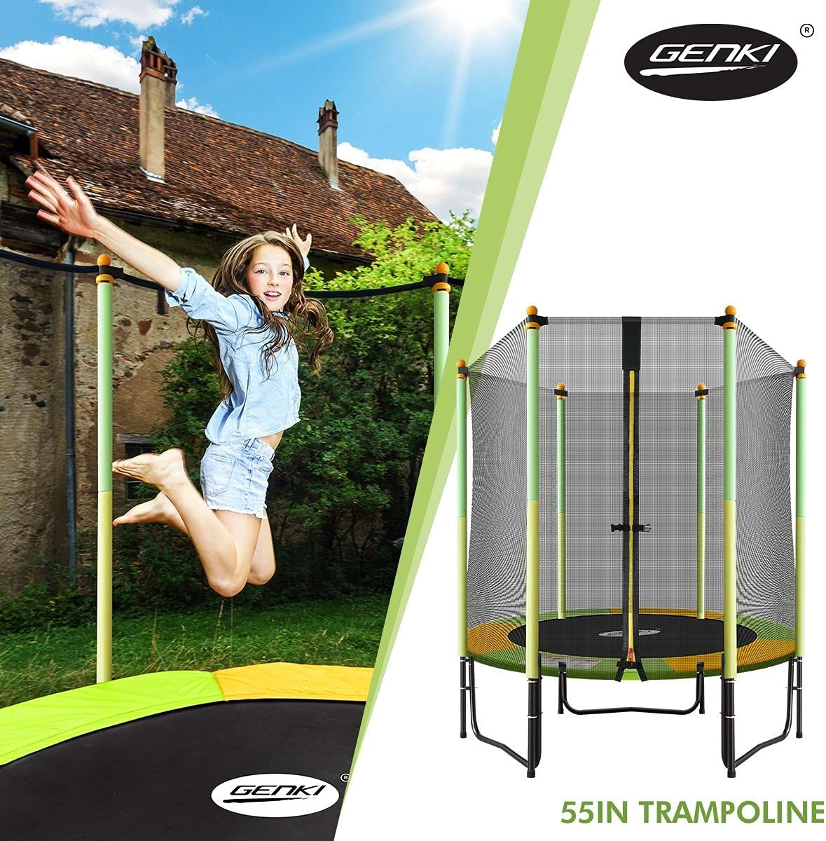 Genki 55" round Kids Mini Trampoline Indoor Outdoor Rebounder W/Safety Enclosure Net Children Jumping Toy image number 5