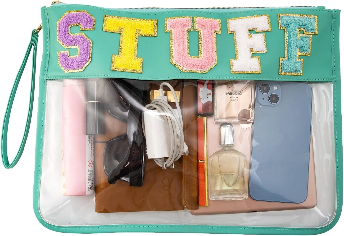 Clear Snack Bags,Chenille Letter Monogram Stadium Tote Purse Bag,Travel Patch Pouch Toiletry Makeup Cosmetic (Green, 32 * 22Cm) image number 2