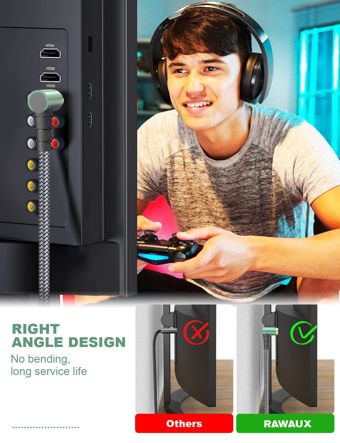 RAWAUX 90 Degree Angled RCA Audio Cable - 2M, Right Angle Subwoofer Cable for Amplifier, Speaker, Soundbar, Home Cinema and Hifi Systems image number 4