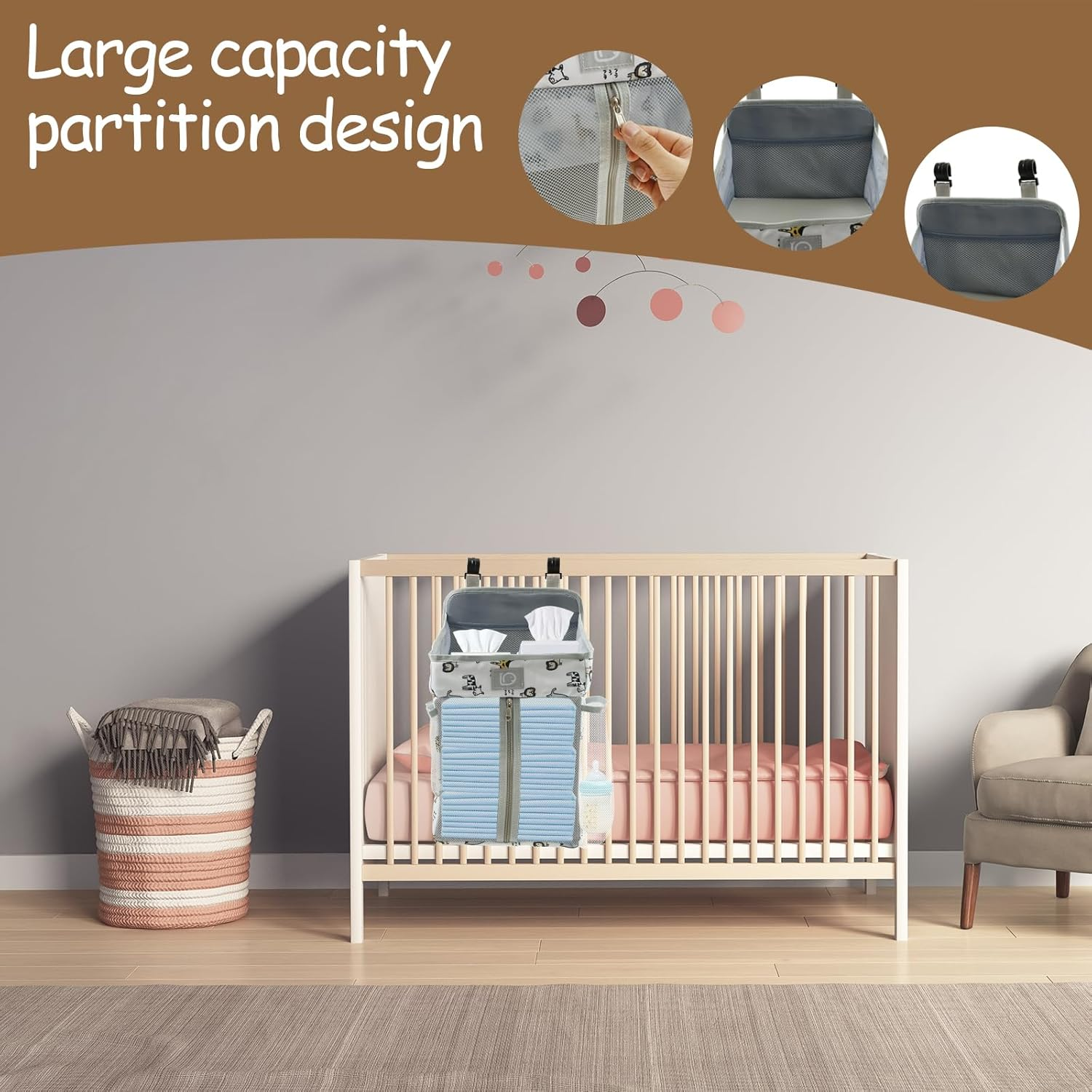 Baby Crib Hanging Caddy Organizer, Multi Pocket Baby Diaper Hanging Bag, Nappy Stack Organizer, Machine Washable for Wipes Nursery (White Animal)