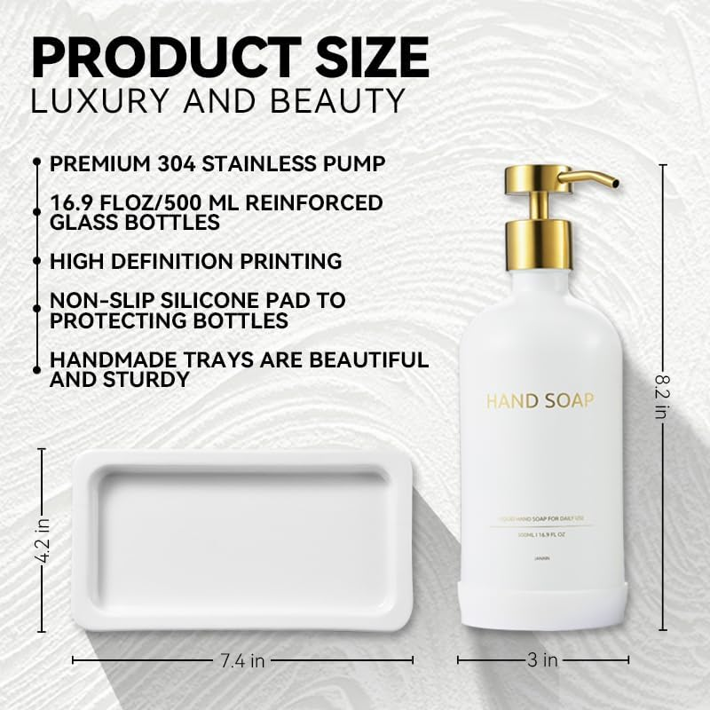 500 Ml Glass Soap Dispenser with Dispenser Tray, Soap Dispenser Set, Suitable for Kitchen, Shower (White + Gold Head) - White Bottle + Gold Head image number 3