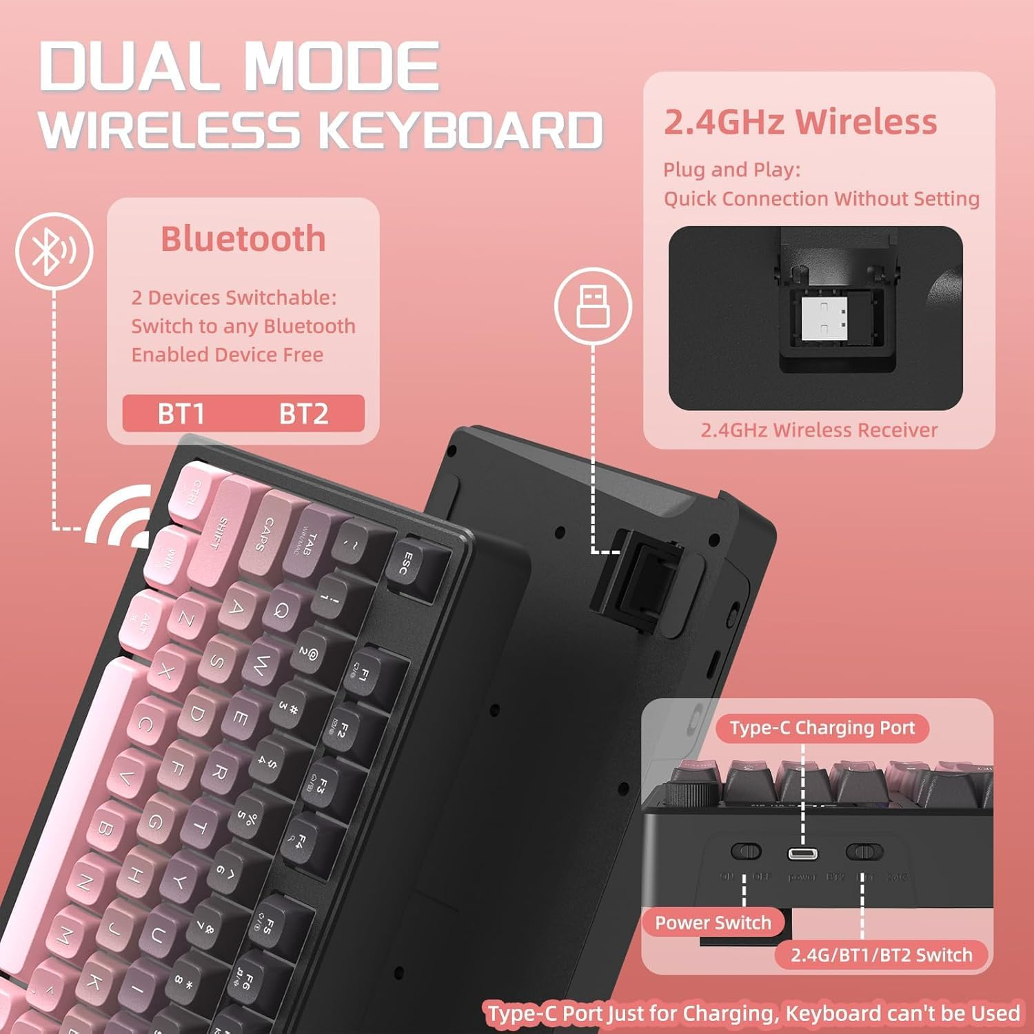 FREEWOLF M96 Wireless Gaming Keyboard Creamy Membrane with Rainbow Backlight,Media Knob,Lcd Screen,Dual Mode-Bluetooth/2.4Ghz,Ball Shape PBT Keycap 94 Key ANSI Layout for Win Mac PC Gamer(Blackberry) image number 4