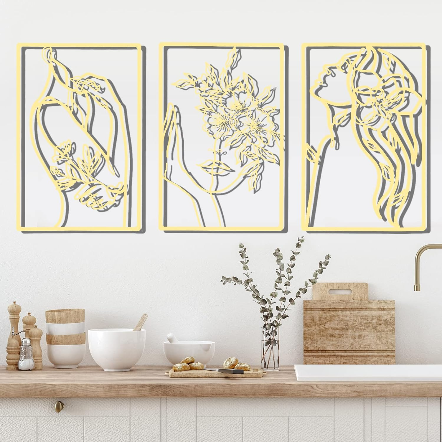 3 Pieces Metal Minimalist Abstract Woman Wall Art Line Drawing Wall Art Decor Single Line Female Home Hanging Wall Art Decor for Kitchen Bathroom Living Room (Gold, Flower)