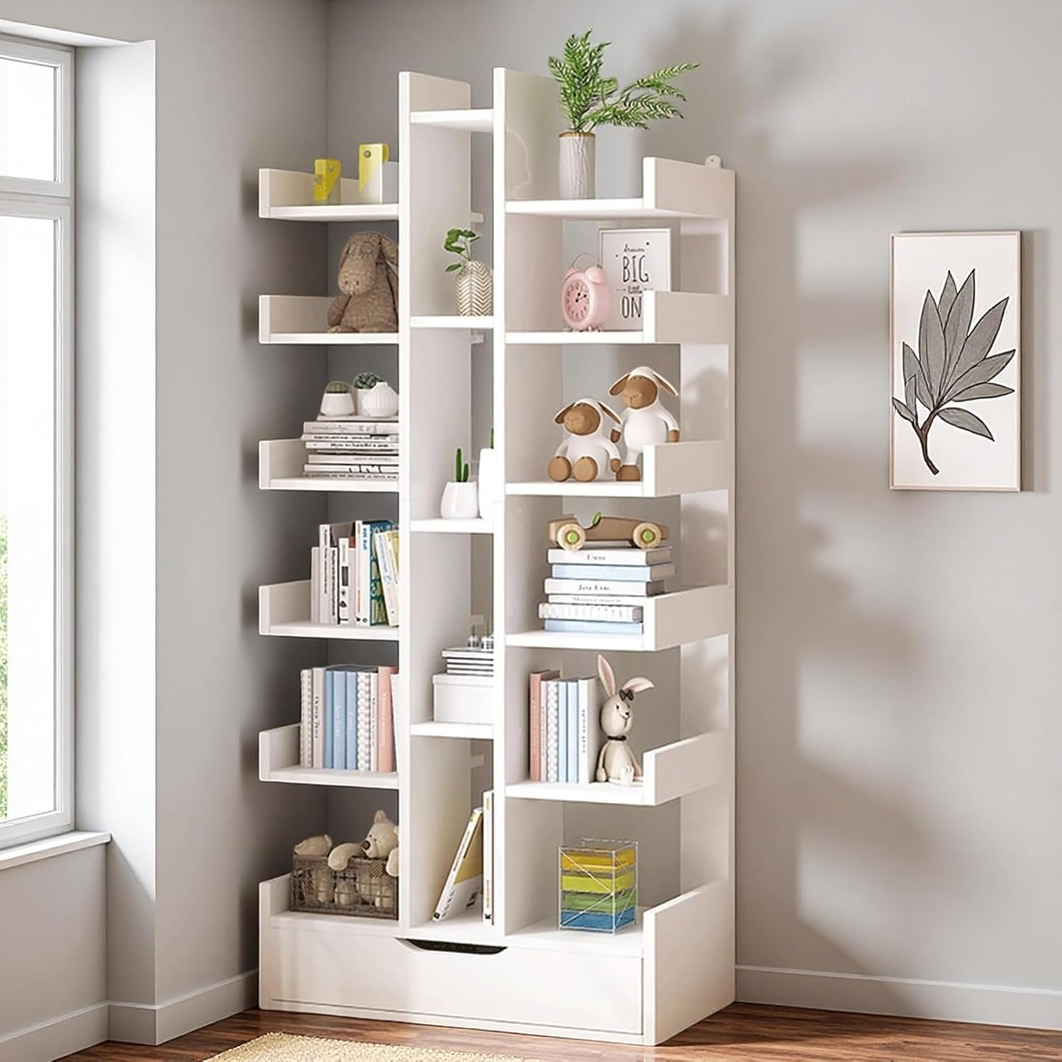 18-Tier Floor Standing Tree Bookshelf, Home Corner Bookcase with Drawer for Cd/Movies/Books, Home Shelf Cabinet Bookcases Storage Rack for Bedroom,Living Room,Office (18-Tier White) image number 5