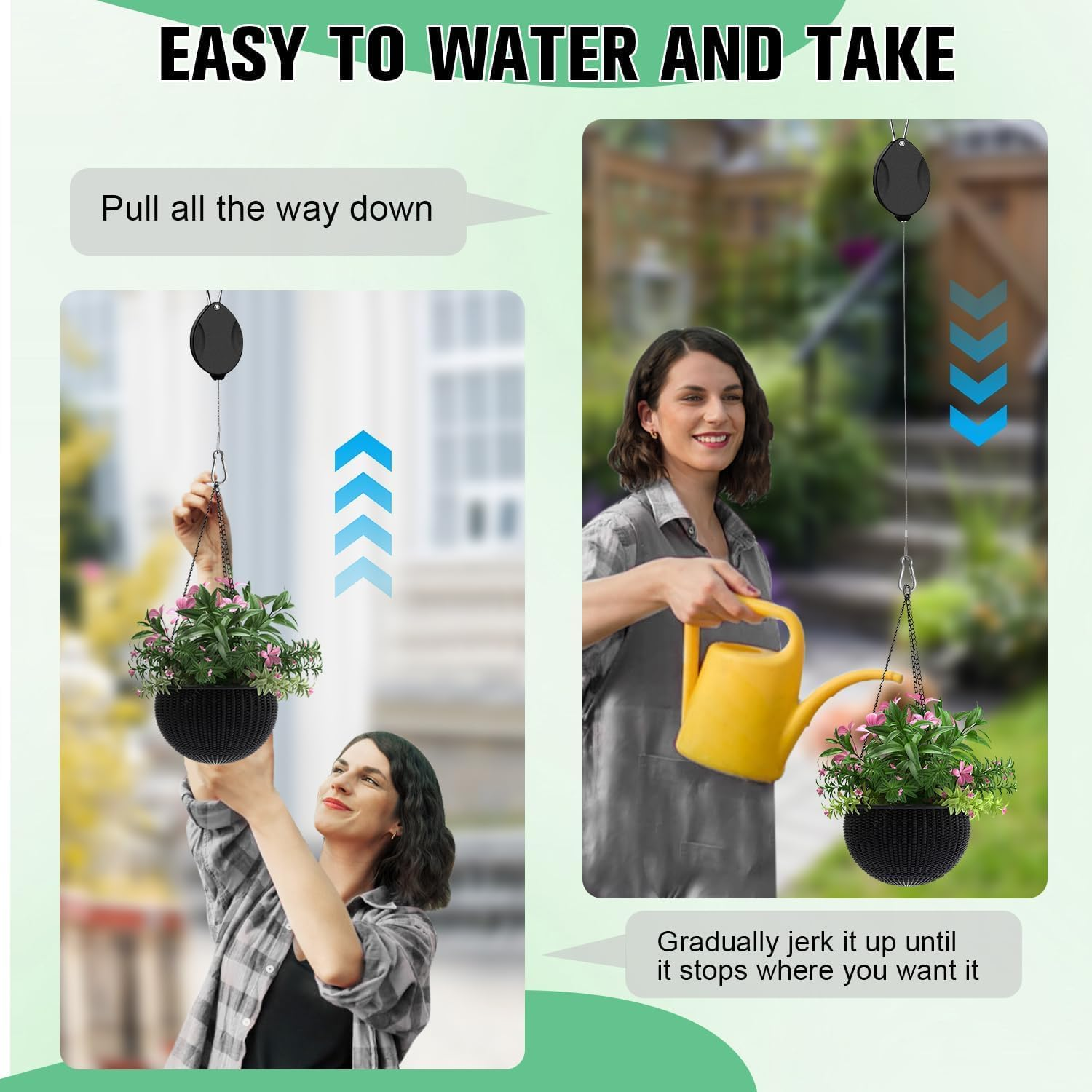 2PC (Black)Heavy Duty Retractable Hangers, Adjustable Climbing Hook for Garden Baskets Watering, or Bird Feeders,Stainless Steel Rope, Plant Pulleys for Hanging Plants, Auto Plant Holder,Plant Hanger image number 1