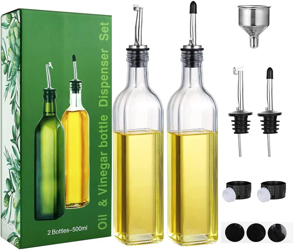 17Oz Glass Olive Oil Dispenser Bottle Set, 500Ml Clear Oil & Vinegar Cruet Bottle with Pourers, Funnel and Labels, Olive Oil Bottle for Kitchen & Storing Liquids (Green 2 Pack)