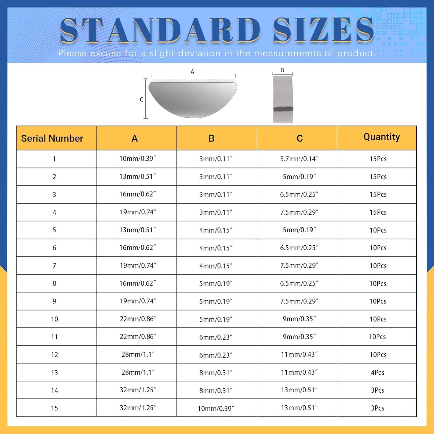 Glarks 150Pcs 15 Sizes Woodruff Keys Assortment Carbon Steel Semi-Circular Keys Set for Fasteners Mechanical Industry