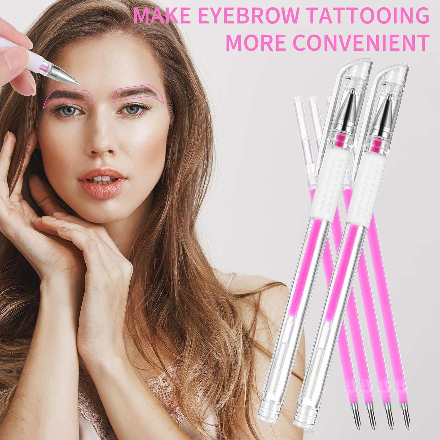 Eyebrow Microblading Marker Pen, 2 Pcs Brow Mapping Pens with with 4 Replacement Refills and 1 Ruler, Makeup Tattoo Skin Marker Pen, Brow Lamination Supplies for Eyebrow Lip Skin(Pink) image number 3
