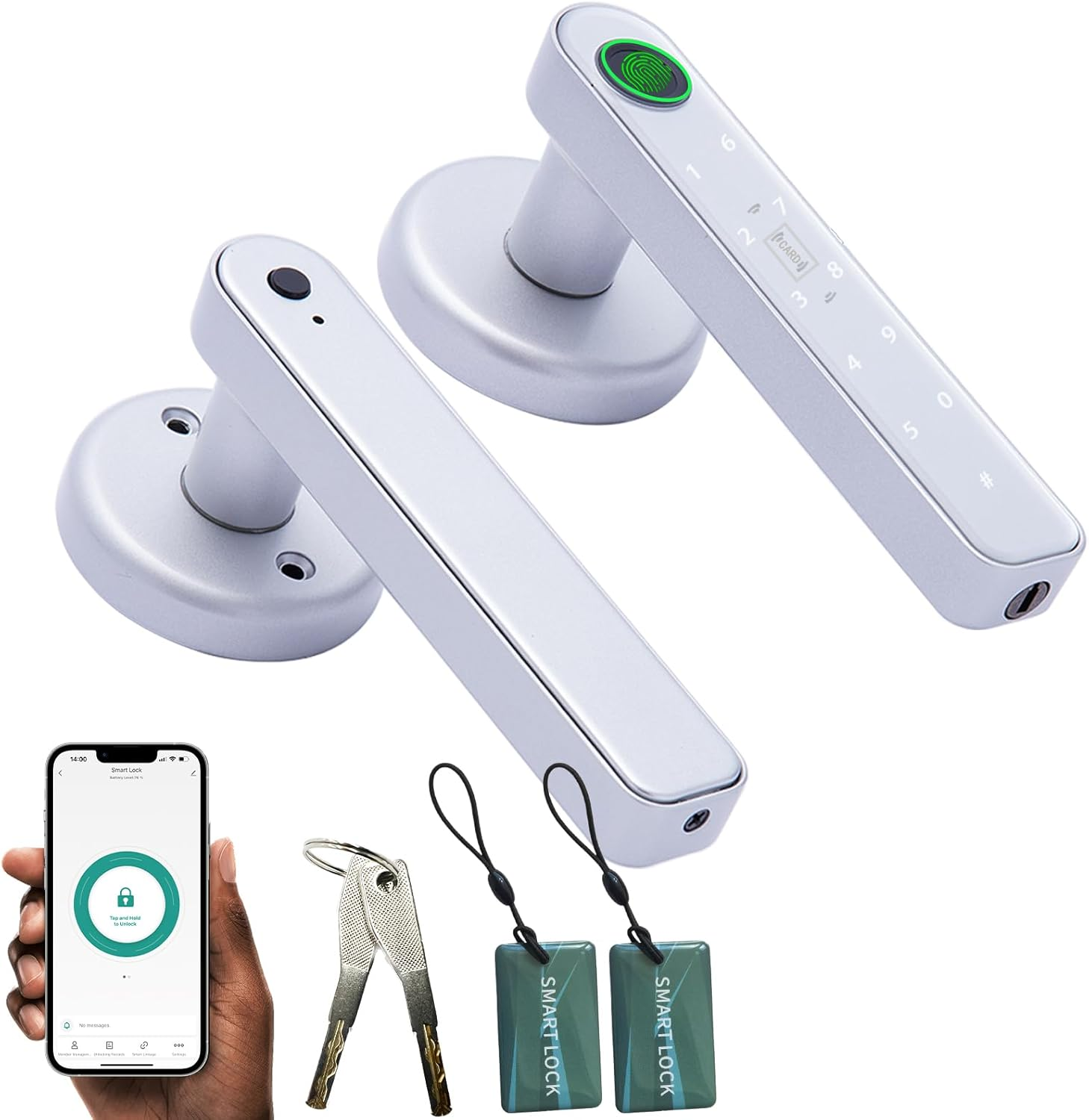 Fingerprint Door Lock, 5 in 1 Smart Door Handle with Smart App/Fingerprint/Ic Cards/Password/Backup Keys, Smart Door Lock with Keypad,Sliver. image number 3
